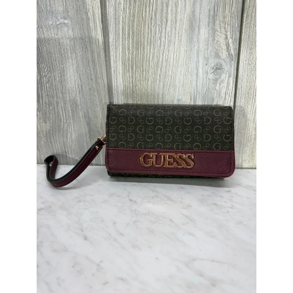 Guess Womens Monogram Logo Wristlet Wallet Brown Burgundy Gold Hardware